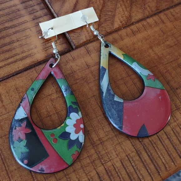 Cut Out Teardrop‎ Colorful Floral Drop Dangle Earrings - Picture 5 of 7